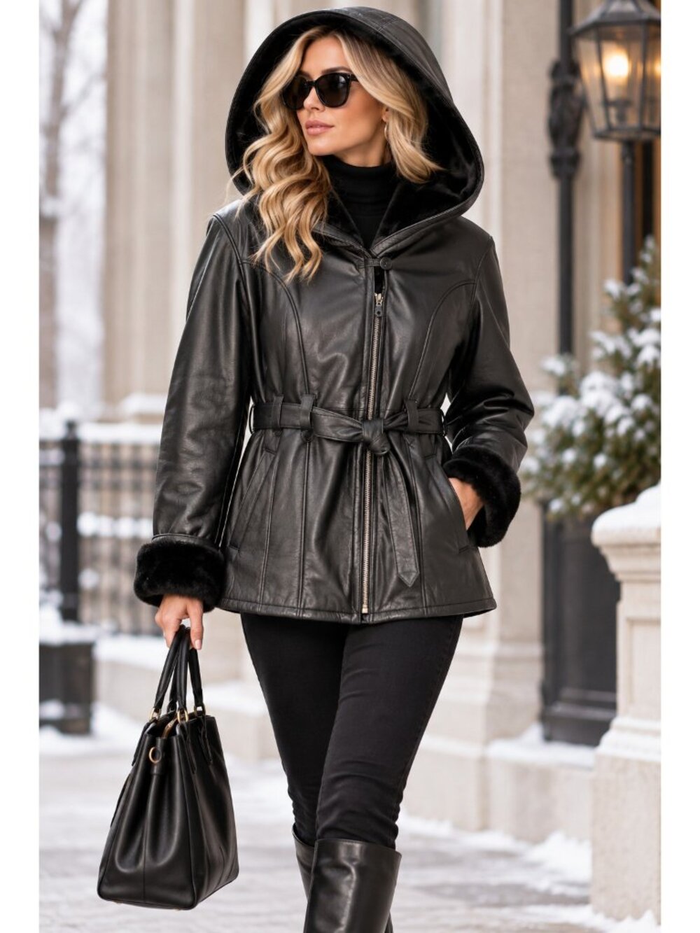 Wilsons Leather Black Genuine Leather Faux Fur Lined Hooded Coat XL Belted